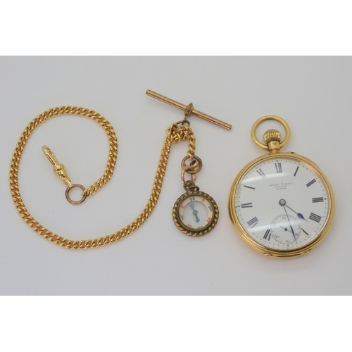 2901 - AN 18CT GOLD OPEN FACE POCKET WATCHThe white enamel dial and mechanism are both signed Bryer & S... 