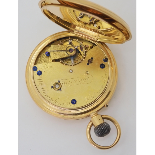 2902 - A HALF HUNTER POCKET WATCHthe case in 18ct gold with London hallmarks for 1879, the inner cover engr... 