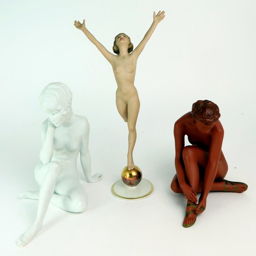 2238 - WILHELM THOMASCH FOR GOLDSCHEIDER FIGURE modelled as a naked female fastening her sandal, a Hutschen... 