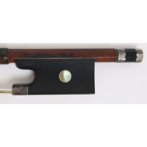 2555B - ERNST HEINRICH ROTH VIOLIN BOWThe ebonised frog mounted with white metal ferule and screw with mothe... 