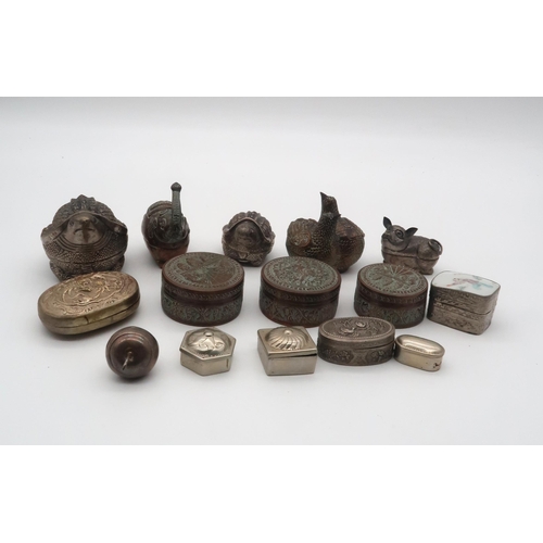 472 - A collection of Cambodian white metal and EPNS betel boxes, some Zoomorphic, including pigs, turtles... 