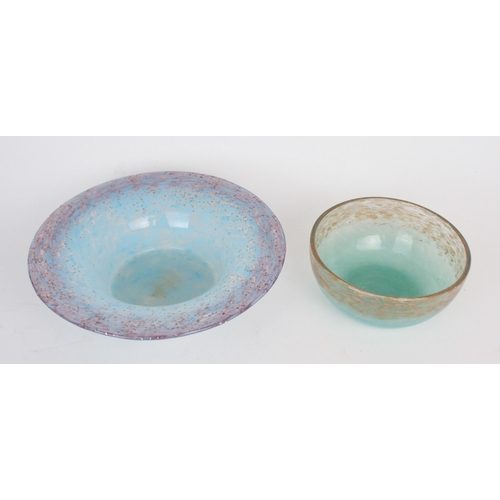 274 - A Monart 1930's glass bowl of circular flared form, in mottled pale blue with a lilac and silve... 