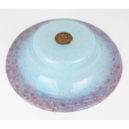 274 - A Monart 1930's glass bowl of circular flared form, in mottled pale blue with a lilac and silve... 