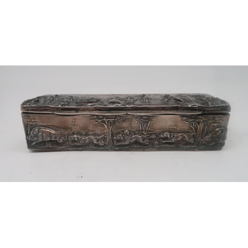 440A - Charles Horner; an Edwardian silver box, Birmingham 1905, of hunting theme, the lid cast with figure... 