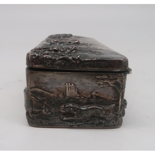 440A - Charles Horner; an Edwardian silver box, Birmingham 1905, of hunting theme, the lid cast with figure... 