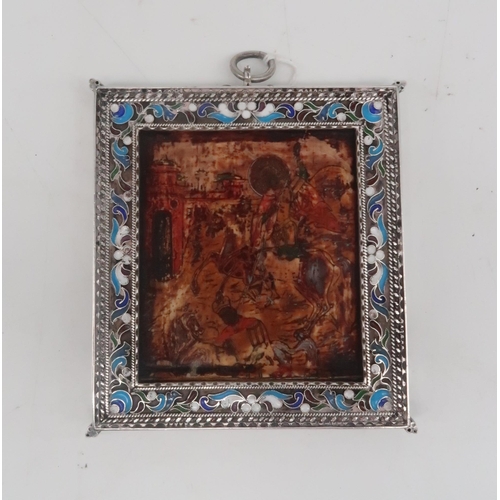 471 - A Russian silver and cloisonne enamel icon, possibly by Dimitry Konoplyev, depicting a Saint slaying... 