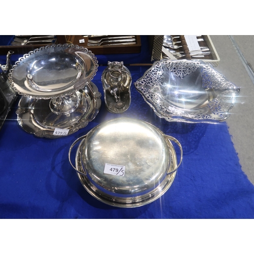 479 - A collection of EPNS including a tazza, sugar scuttle, swing handled basket, covered dish, plate etc