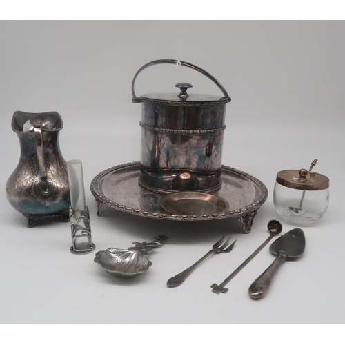 480 - A collection of EPNS including a biscuit barrel, cream jug, a salver, a caddy spoon, a pin dish, a s... 