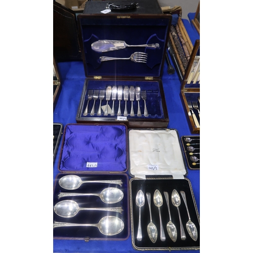 483 - A collection of EPNS including a cased set of fish knives and forks, a cased set of Onslow pattern s... 