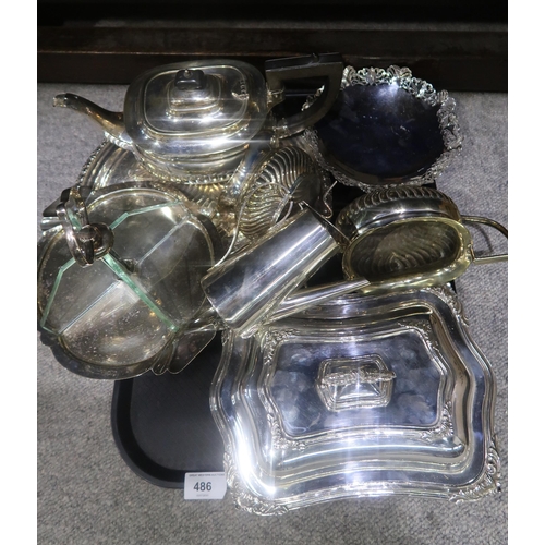 486 - A collection of EPNS including a cased canteen of cutlery, a three piece tea set, a tureen, a salver... 