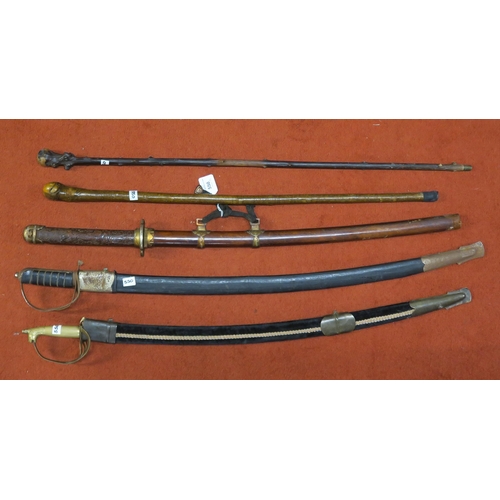 550 - A decorative Japanese katana, two Indian sabres, a thornwood walking cane and a further example (5)