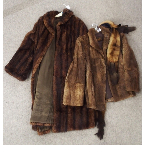 248 - A long dark brown fur coat, a fur jacket and a stole