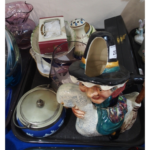 253 - A Shorter and Son Mother Goose jug, a boxed silver hair brush, a mottoware hat pin holder and other ... 