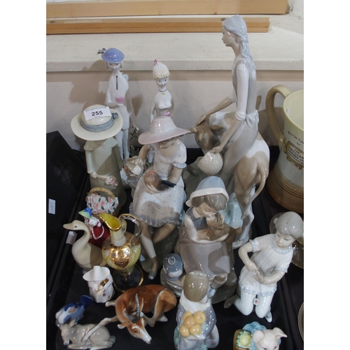 255 - A collection of Lladro and Nao figures, a Royal Worcester Nun candlesnuff, and other figures