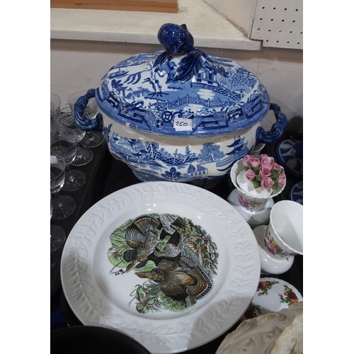 260 - A set of Adams Birds of America plates, a blue and white pottery soup tureen and cover, Maltese glas... 