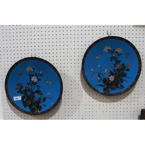 261 - A pair of Japanese cloisonne plates, each decorated with birds amongst peonies, on turquoise blue ba... 