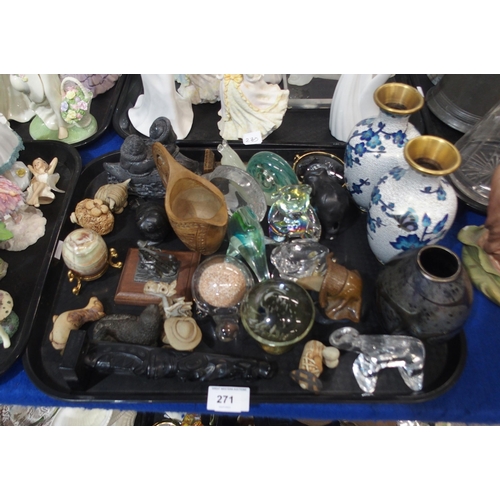 271 - A pair of cloisonne vases, a lustre glass vase, animal paperweights, and assorted ornaments etc