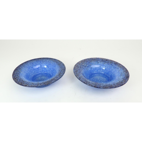 273 - A near pair of Monart glass dishes in mottled blue, with purple rims and aventurine inclusions, one ... 