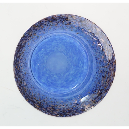 273 - A near pair of Monart glass dishes in mottled blue, with purple rims and aventurine inclusions, one ... 