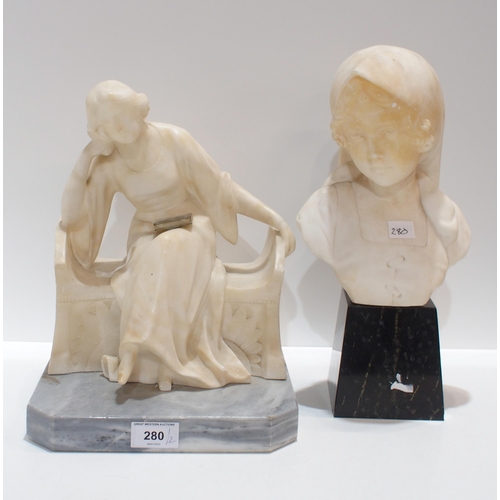 280 - An alabaster model of a seated girl with a book, together with a bust of a girl