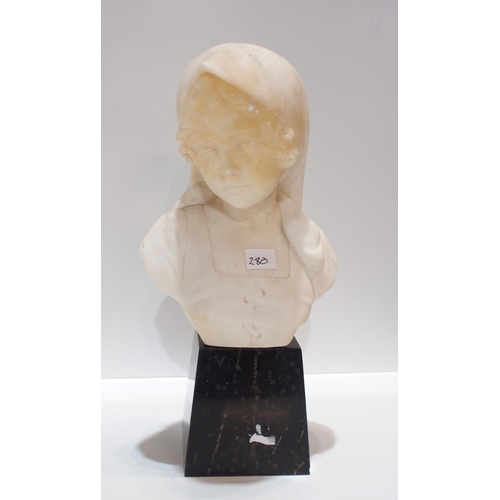 280 - An alabaster model of a seated girl with a book, together with a bust of a girl