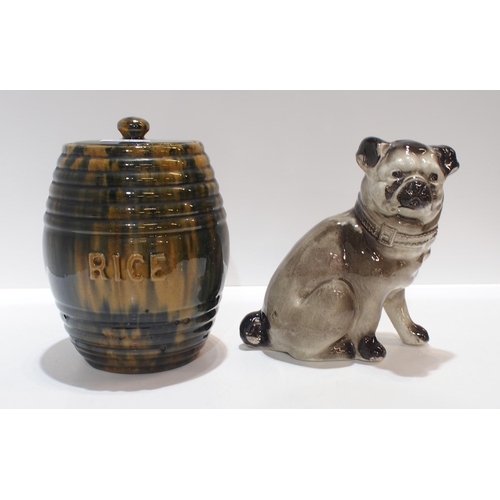 281 - A Scottish pottery rice storage jar together with a Scottish pottery pug dog