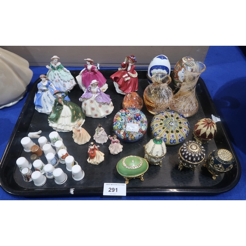 291 - Five Coalport Fairest Flowers figures, a Doulton Top o the Hill figure, two millefiori paperweights,... 