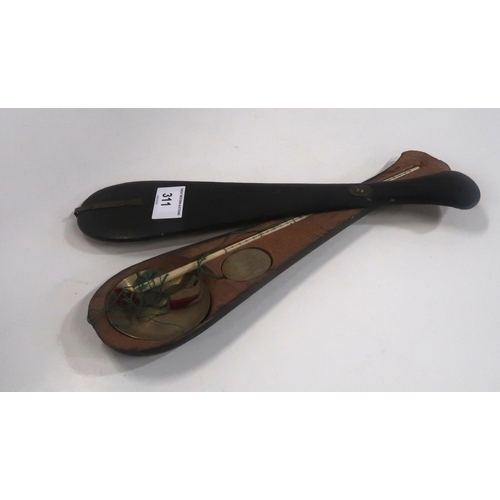 311 - A 20th century opium scale with brass pan, bone handle and wooden fitted paddle shaped case