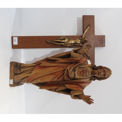 322 - A carved wooden figure of Christ the Sacred Heart, together with a brass figure of Christ on a woode... 