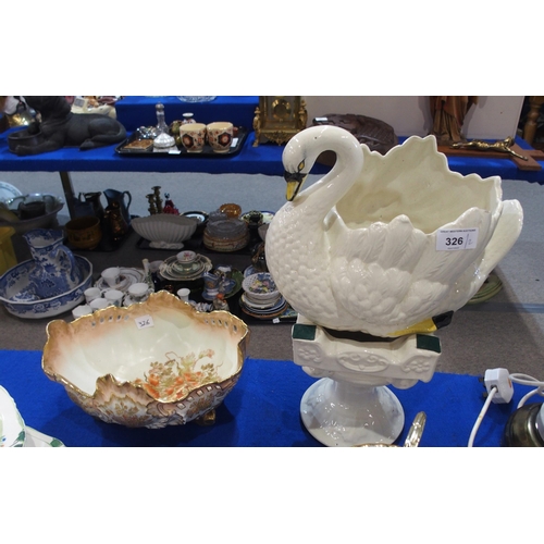 326 - A pottery swan planter on stand together with a Limoges porcelain dish