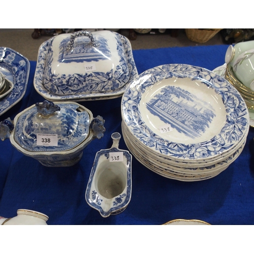 338 - A set of blue and white transfer printed plates marked H Brown, Clare Hall, matching tureens and a c... 