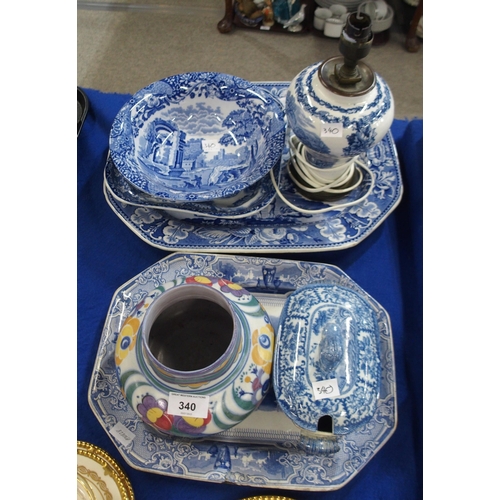 340 - Assorted blue and white transfer printed tablewares including a platter depicting figures in a lands... 