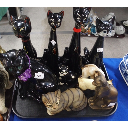 342 - A quantity of cat and dog figures including two large painted wooden figures