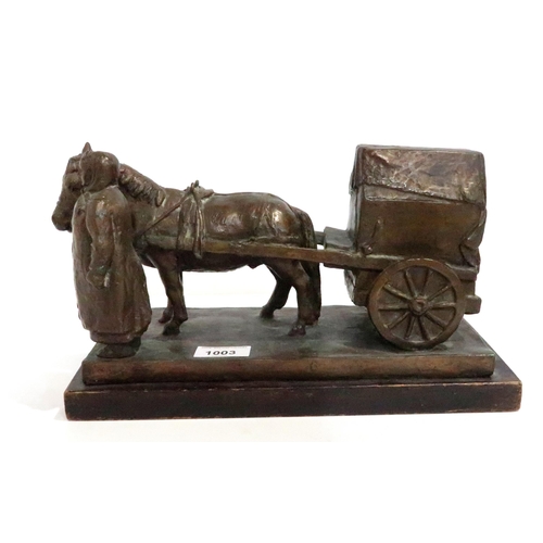 1003 - J.H. CLARKPAESANT WOMAN WITH CARRIAGEBronze on wooden plinth, signed, 18 x 31 x 13.5 cm... 