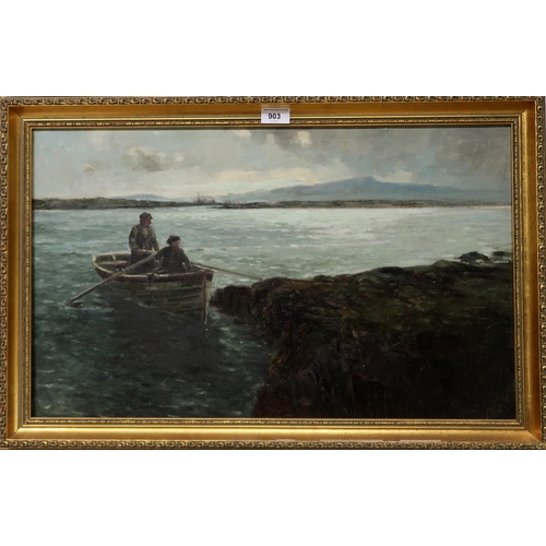 903 - PLEASE NOTE: ATTRIBUTED TO COLIN HUNTER Rowing ashore, signed, oil on canvas, 40 x 64cm... 