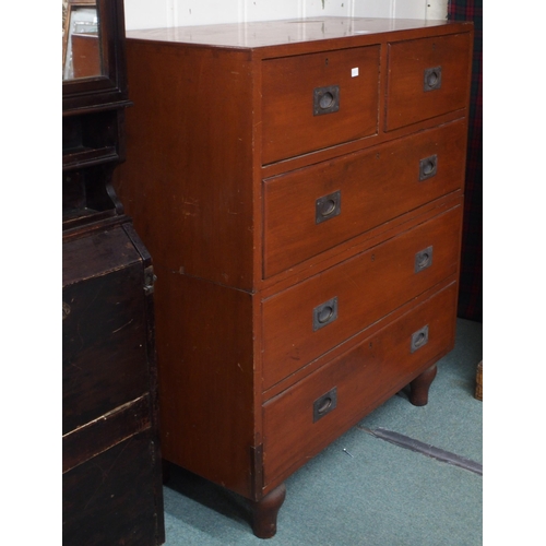 16 - A 20th century stained teak campaign style chest of drawers with two short over three long drawers o... 