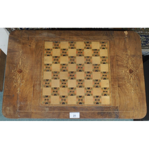 20 - A Victorian walnut and parquetry inlaid games/sewing table with fold-over top baized lining over sin... 