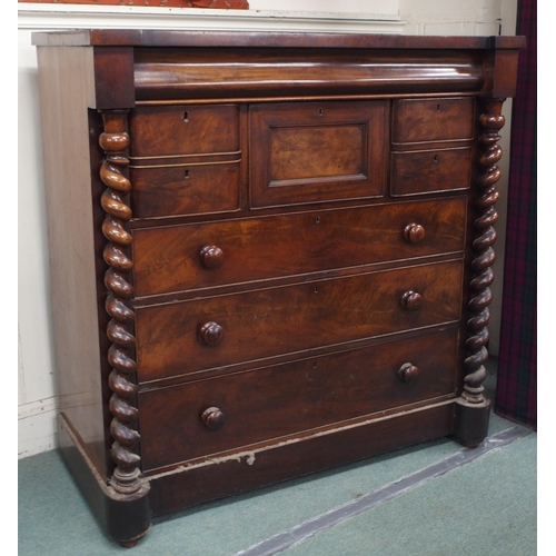 32 - A Victorian mahogany Kilmarnock chest with ogee frieze drawer over four asymmetrical drawers (one de... 