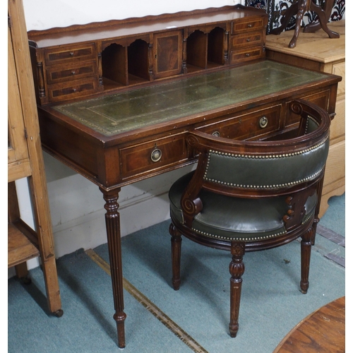 38 - A lot comprising 20th century mahogany reproduction writing desk with fitted superstructure over emb... 