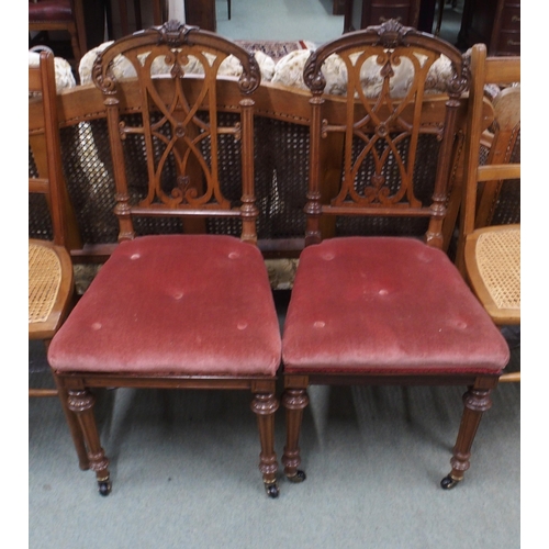 51 - A lot comprising a pair of Victorian rosewood parlour chairs with pierced splats over button upholst... 