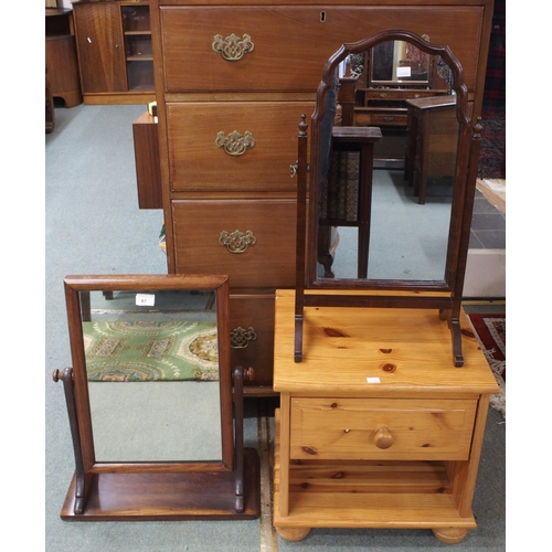 67 - A lot comprising two assorted mahogany framed dressing mirror and a pine bedside cabinet (3)