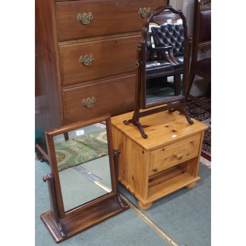 67 - A lot comprising two assorted mahogany framed dressing mirror and a pine bedside cabinet (3)