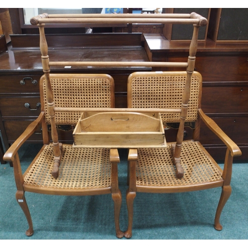 89 - A lot comprising a pair of cane chinoiserie style armchairs, pine towel rail and a pine knife box (4... 