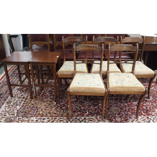 90 - A lot comprising a set of five tapestry seated sabre legged dining chairs and a pair of mahogany occ... 