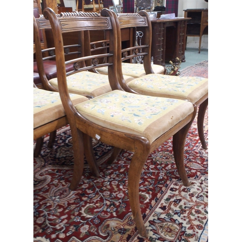 90 - A lot comprising a set of five tapestry seated sabre legged dining chairs and a pair of mahogany occ... 