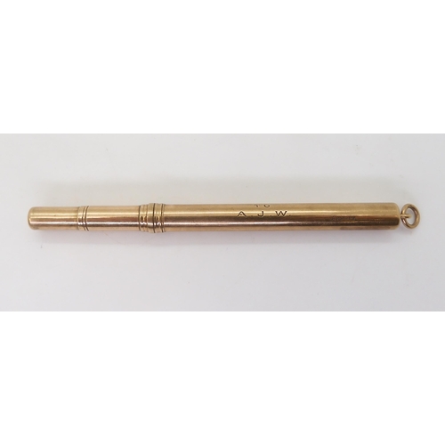 2778 - AN ASPREYS PROPELLING PENCILmade in 9ct gold with full Asprey's hallmarks for 1928, engraved with mo... 