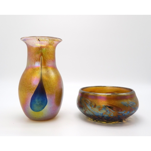 2162 - JOHN DITCHFIELD FOR GLASFORM An amber coloured glass vase with blue teardrop decoration and pink iri... 