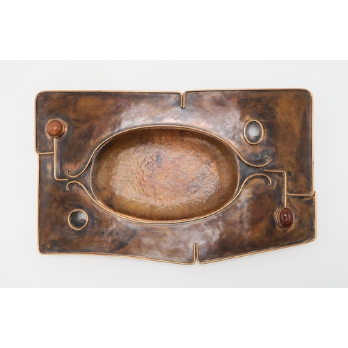 2165 - A MODERNIST STYLE COPPER TRAYof rectangular form, with copper wire detail and inset with agate caboc... 