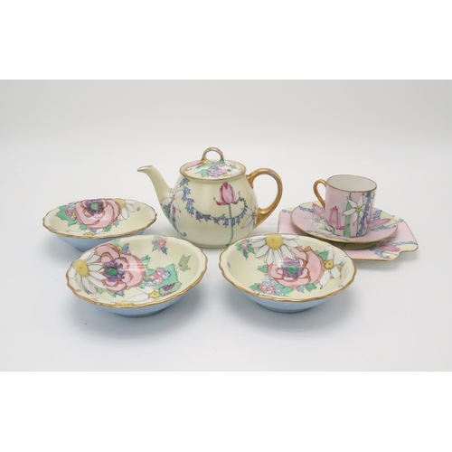 2195 - ELIZABETH MARY WATT (SCOTTISH 1886-1954)A delicately painted spring flower coffee trio with pink gro... 