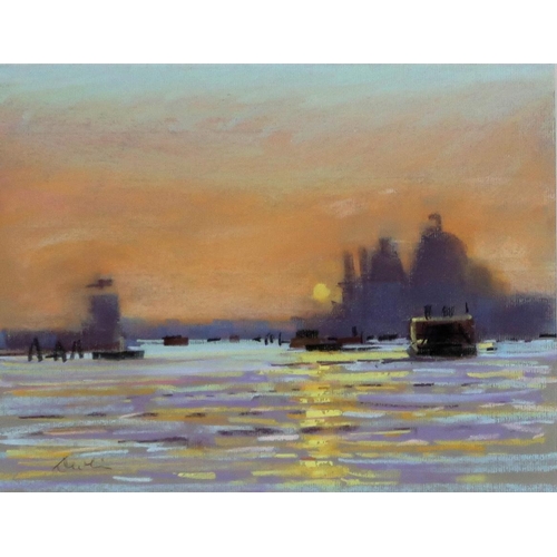 2953 - GEORGE DEVLIN RSW (SCOTTISH 1937-2014)VENICE LIDO, FERRY AT SUNSETPastel, signed lower left, 22.5 x ... 